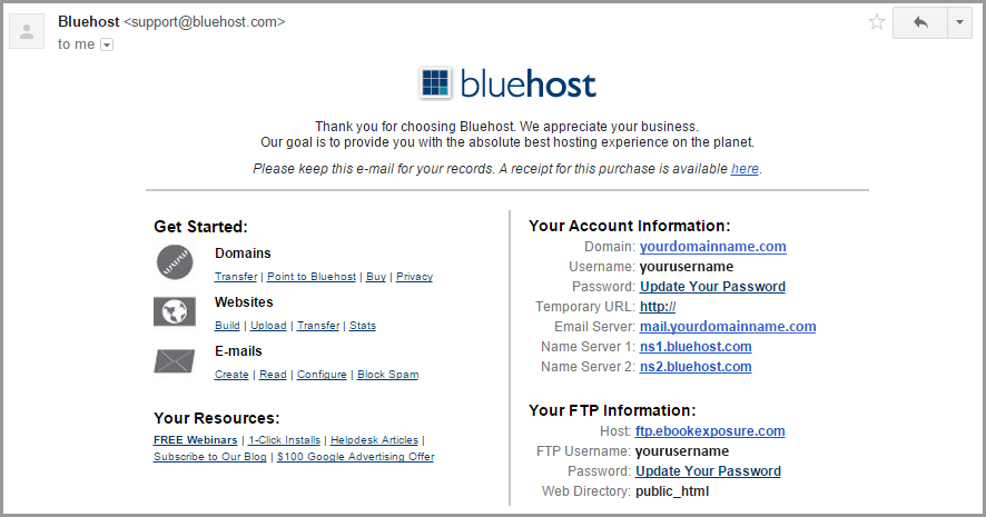 Bluehost account information