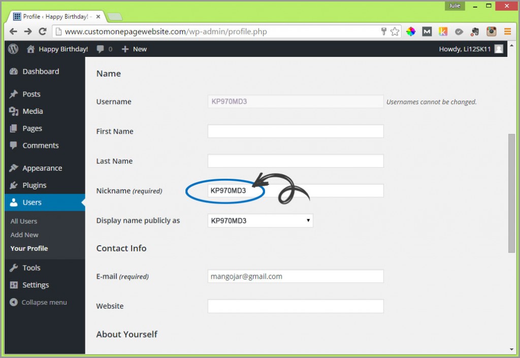 change default nickname wordpress