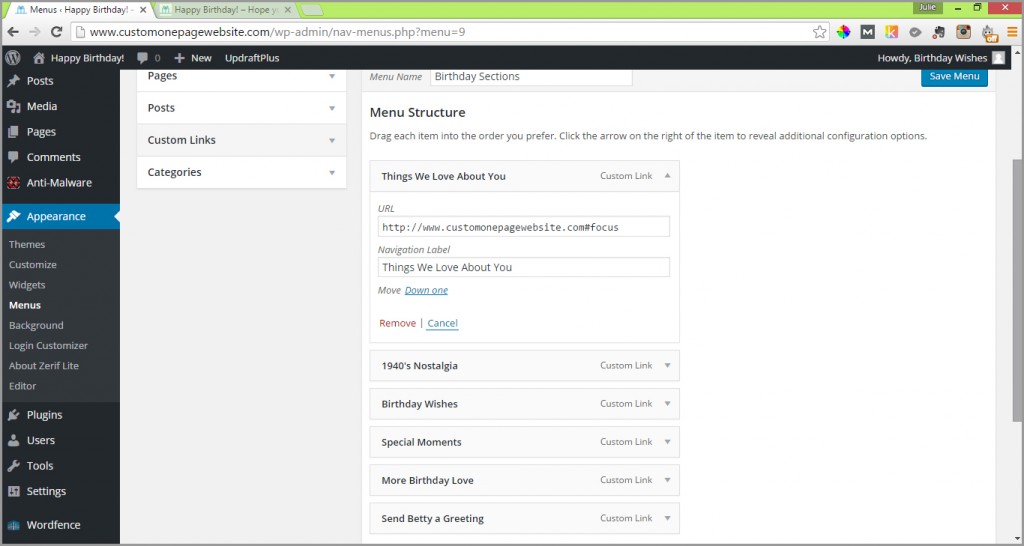 wordpress menu structure implemented