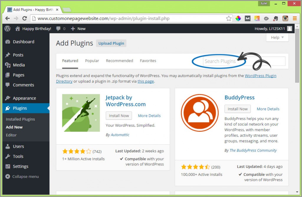 search wordpress plugins field