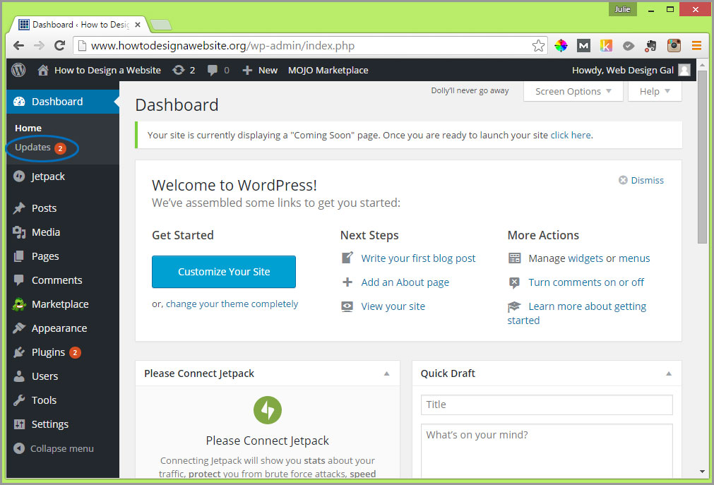 updates wordpress dashboard notification