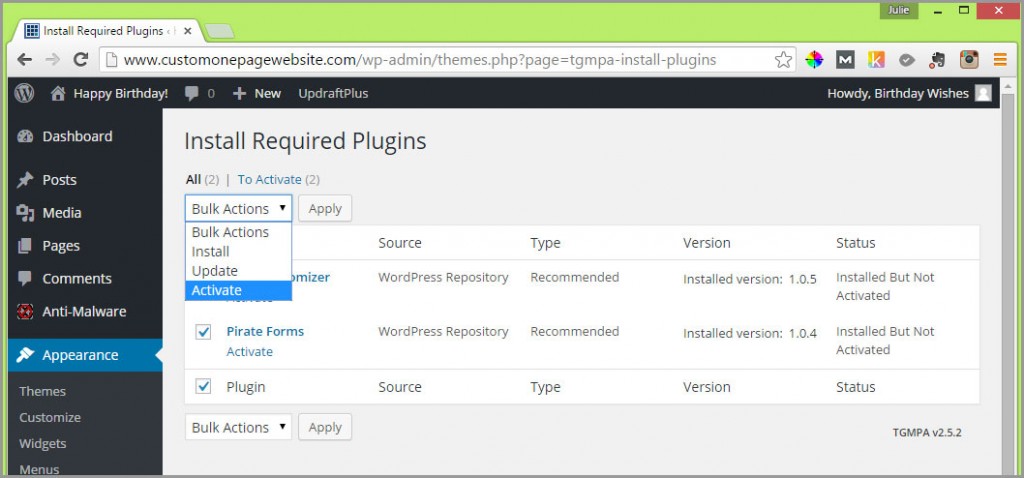 activate installed zerif plugins