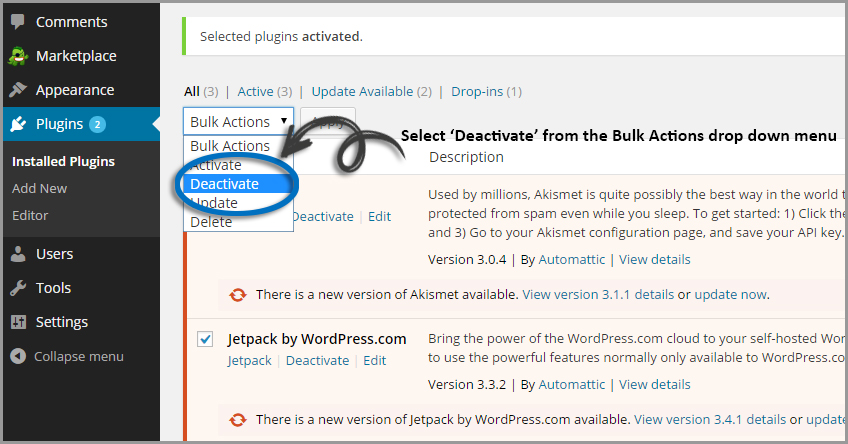 deactivate wordpress plugins