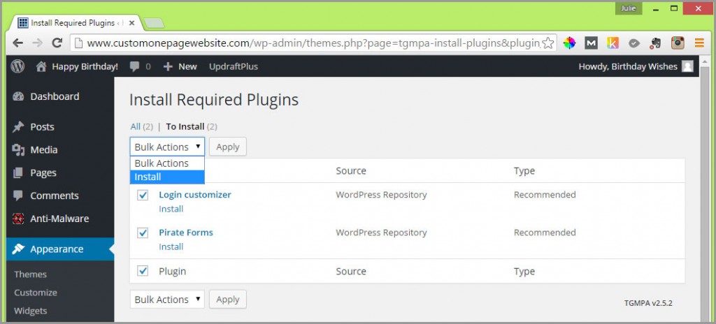 install required zerif plugins selected