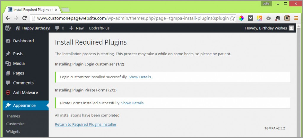 required zerif plugins installed