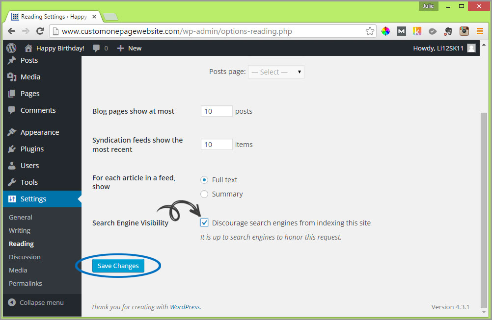 search engine visibility settings