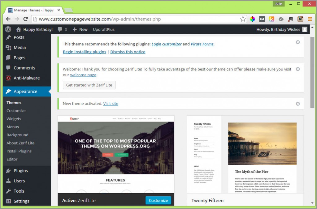 zerif lite theme activated